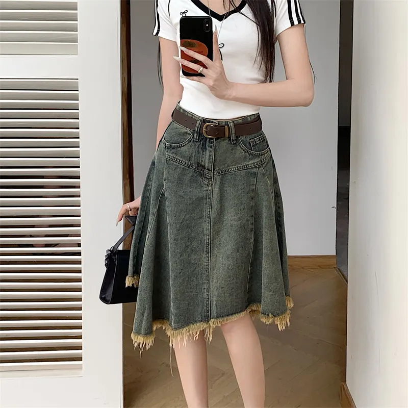 / Denim Long Skirts Women's Distressed Color+Belt+Hair Tie Comes With-2
