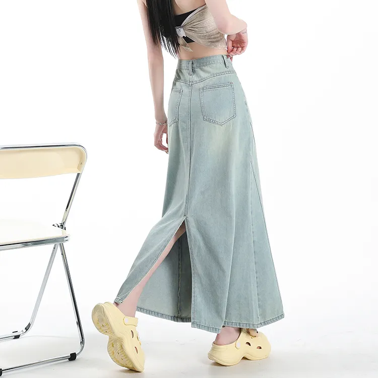 PAVEA Denim Long Skirts Women's Blue+Hair Tie Comes With-3