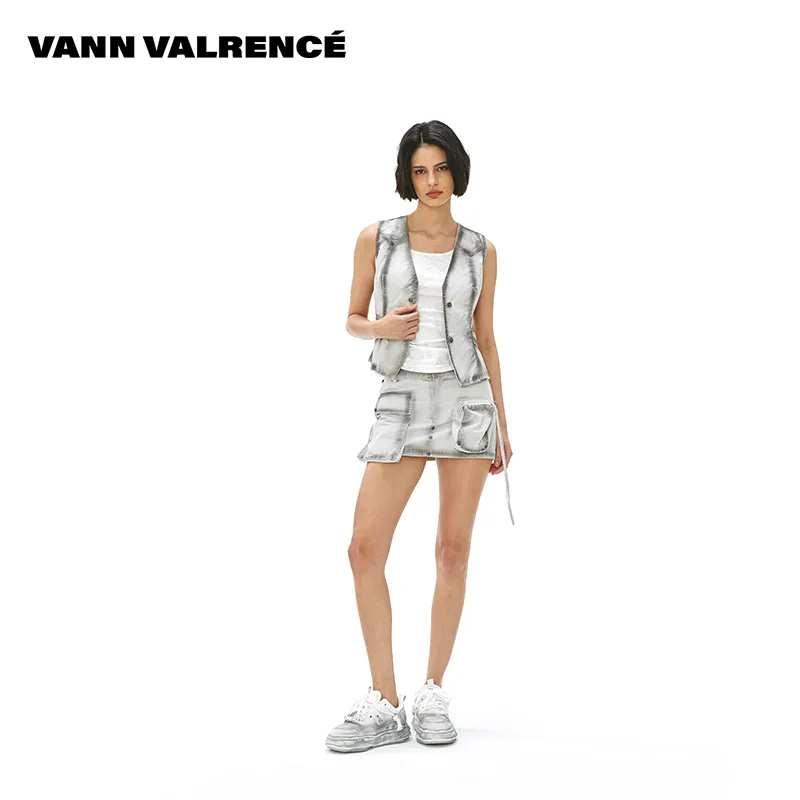 VANN VALRENCÉ 25 Summer Denim Short Skirts Women's Light Gray-4