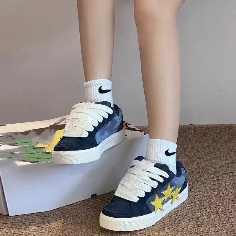 FOMOCE Slip Resistant, Lightweight, Breathable, Height Increasing Low Top Skateboard Shoes Women's Navy Blue-4