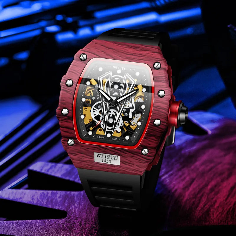WLISTH Barrel Shaped Men's Wrist Watch Mechanical Movement Rubber Strap Watch Men's Watches Black Dial-4