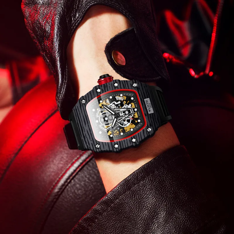 WLISTH Barrel Shaped Men's Wrist Watch Mechanical Movement Rubber Strap Watch Men's Watches Black Dial-2