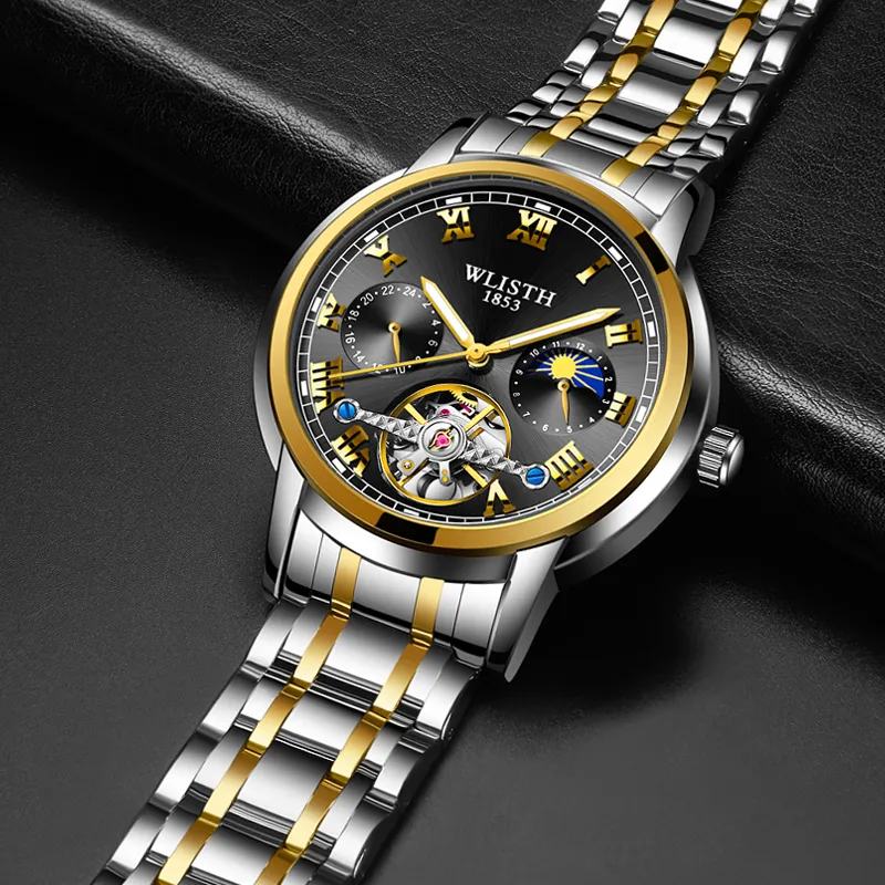 WLISTH Automatic Mechanical Movement Stainless Steel Watchband Men's Watches Black Dial-8