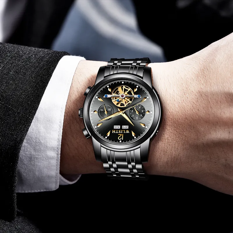 WLISTH Men's Watch Men's Automatic Mechanical Movement Steel Strap Watch Men's Watches Black Dial-12