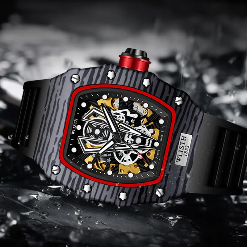 WLISTH Barrel Shaped Men's Wrist Watch Mechanical Movement Rubber Strap Watch Men's Watches Black Dial-1