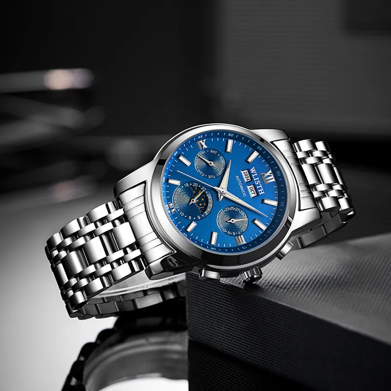 WLISTH Mechanical Movement Stainless Steel Watchband Watch Men's Watches Blue Dial-11