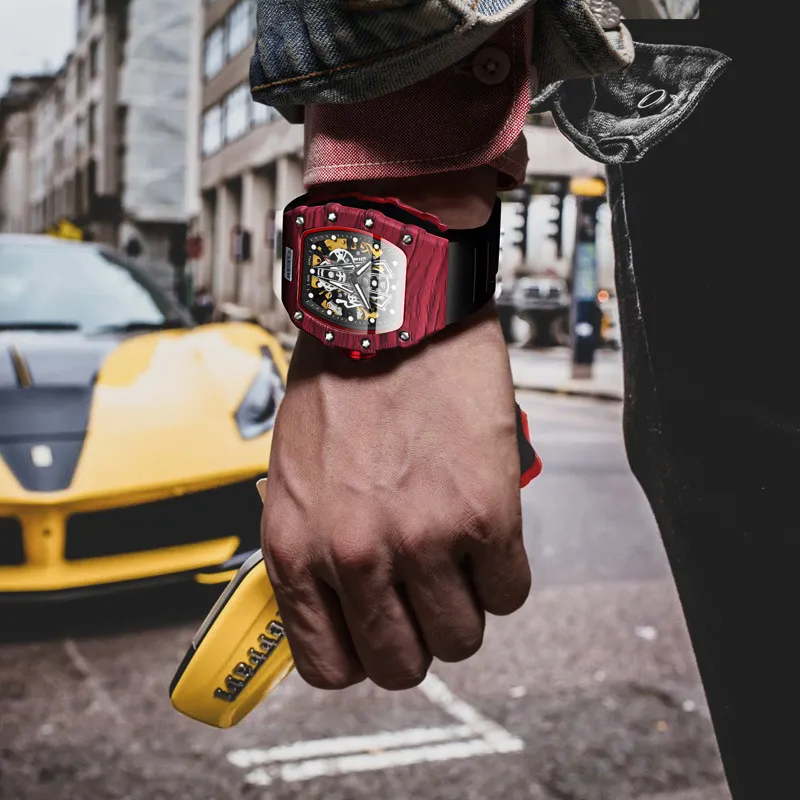 WLISTH Barrel Shaped Men's Wrist Watch Mechanical Movement Rubber Strap Watch Men's Watches Black Dial-5