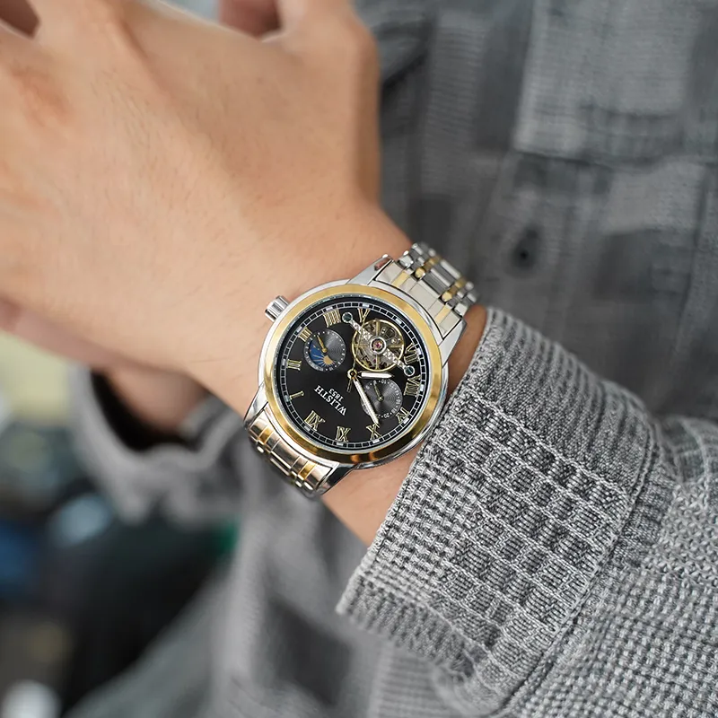 WLISTH Automatic Mechanical Movement Stainless Steel Watchband Men's Watches Black Dial-6