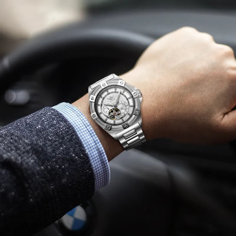 YELANG CHAO Trend Collection Automatic Mechanical Movement Stainless Steel Strap Watch Men's Watches Blue Dial-3