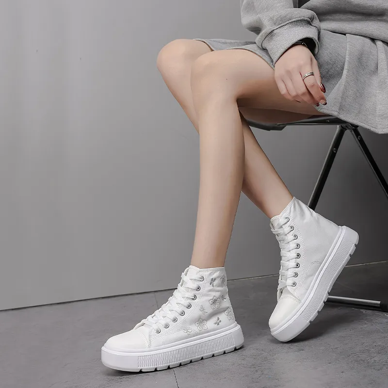 KATHRYN WILSON Wear Resistant Lightweight Height Increasing High Top Canvas Shoes Women's White-2