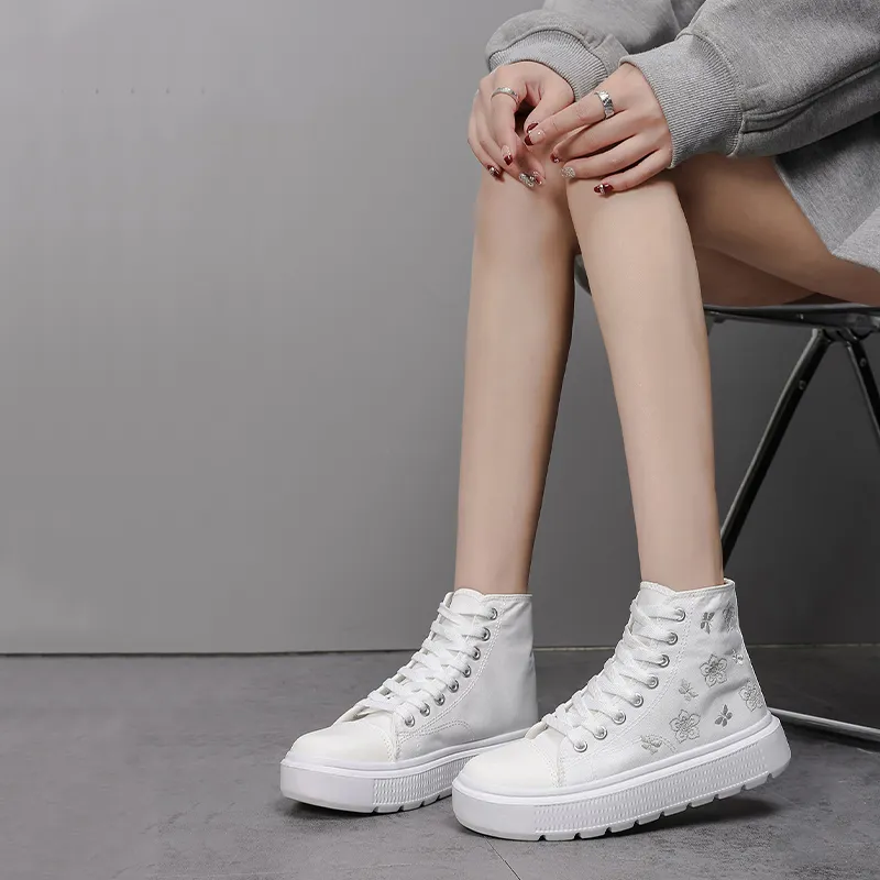 KATHRYN WILSON Wear Resistant Lightweight Height Increasing High Top Canvas Shoes Women's White-1