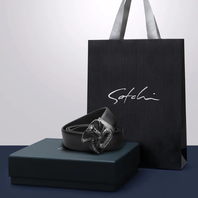 Satchi Cow Leather Belts Men's Black Width 3.5cm Gift Box Sets-7