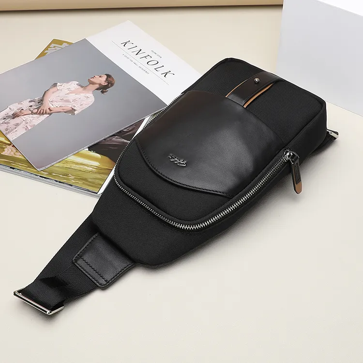 Satchi Cow Leather Fabric Sling Bag Small Size Men's Black-7
