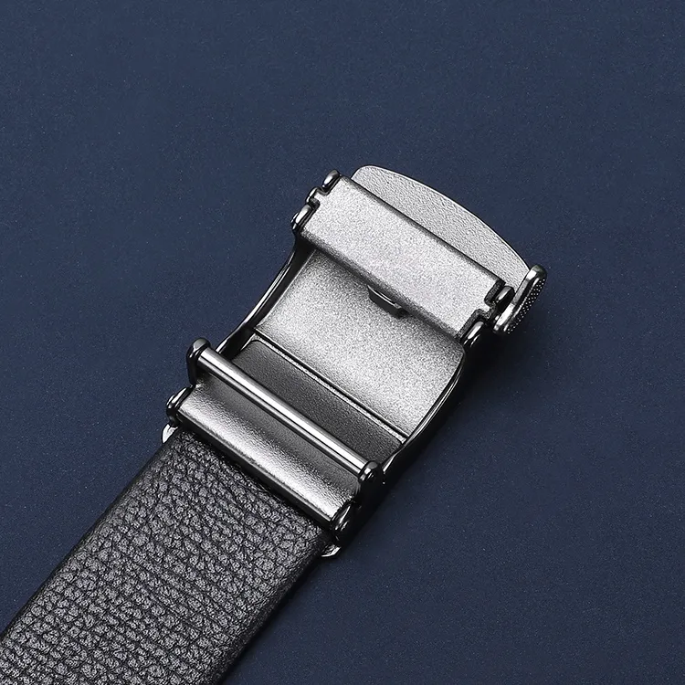 Satchi Sanduo Belt Automatic Buckle Shark Grain Leather Alloy Buckle With Leather Overlay Belt Men's Black Width 3.55cm-5