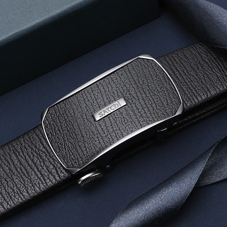 Satchi Sanduo Belt Automatic Buckle Shark Grain Leather Alloy Buckle With Leather Overlay Belt Men's Black Width 3.55cm-4