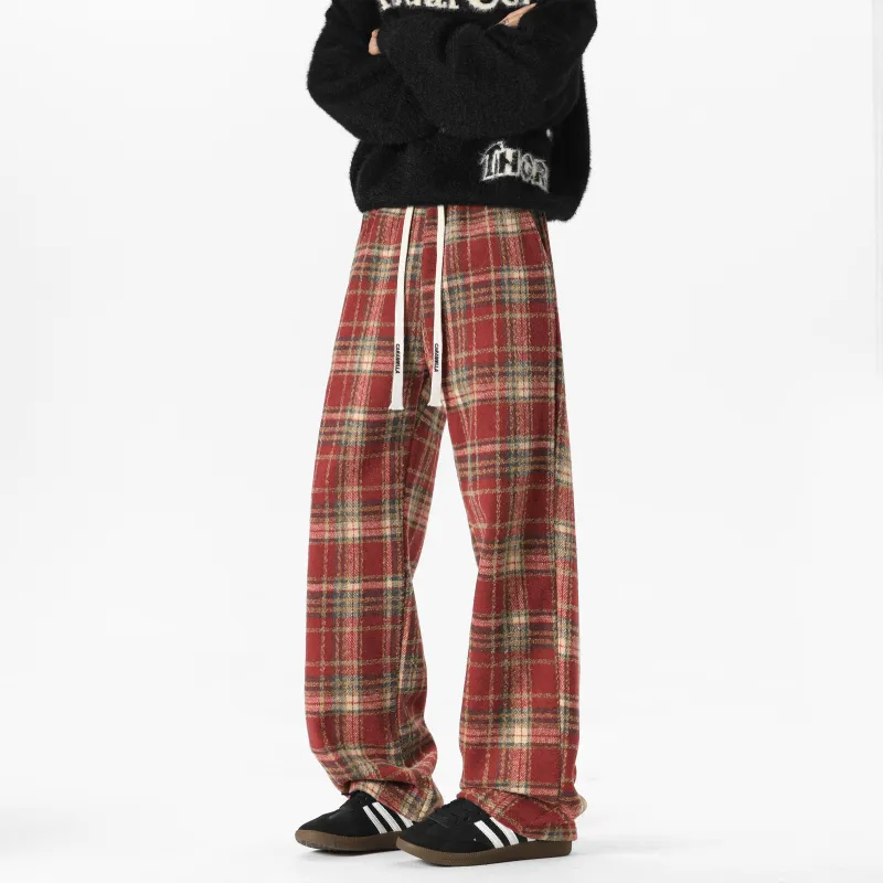 Caramella Casual Pants Unisex Red Plaid-10