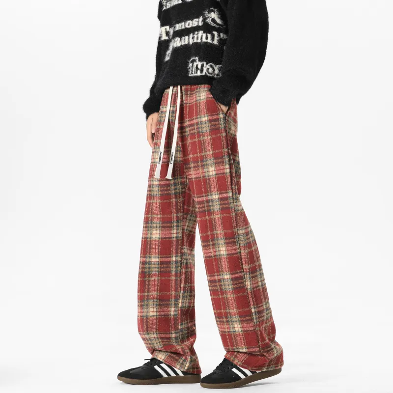 Caramella Casual Pants Unisex Red Plaid-9