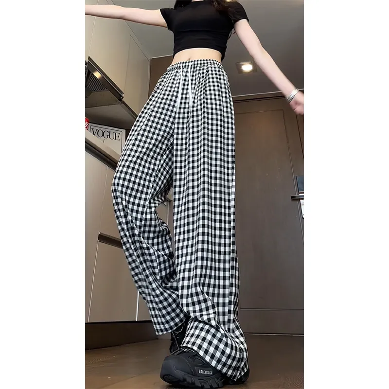 Caramella Casual Pants Unisex Black White Plaid-4
