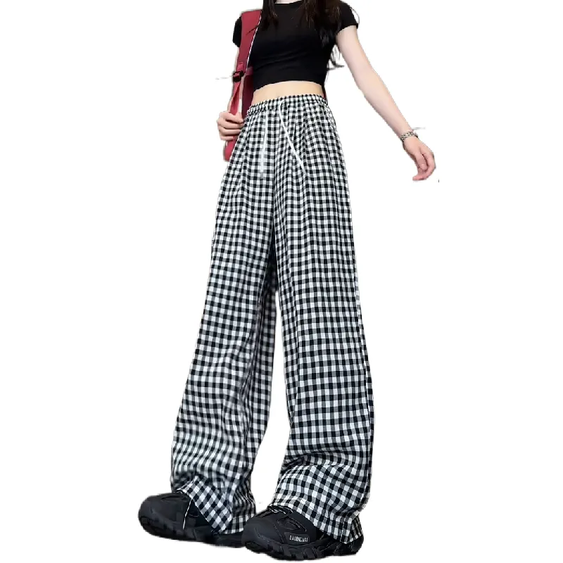 Caramella Casual Pants Unisex Black White Plaid-1