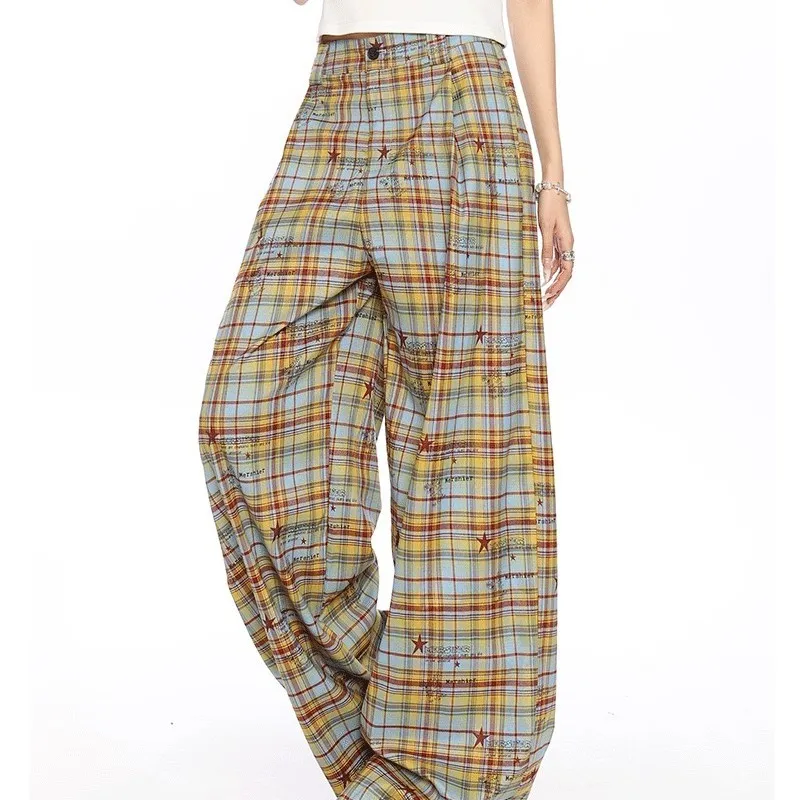 Caramella Casual Pants Women's Yellow Blue Plaid-4