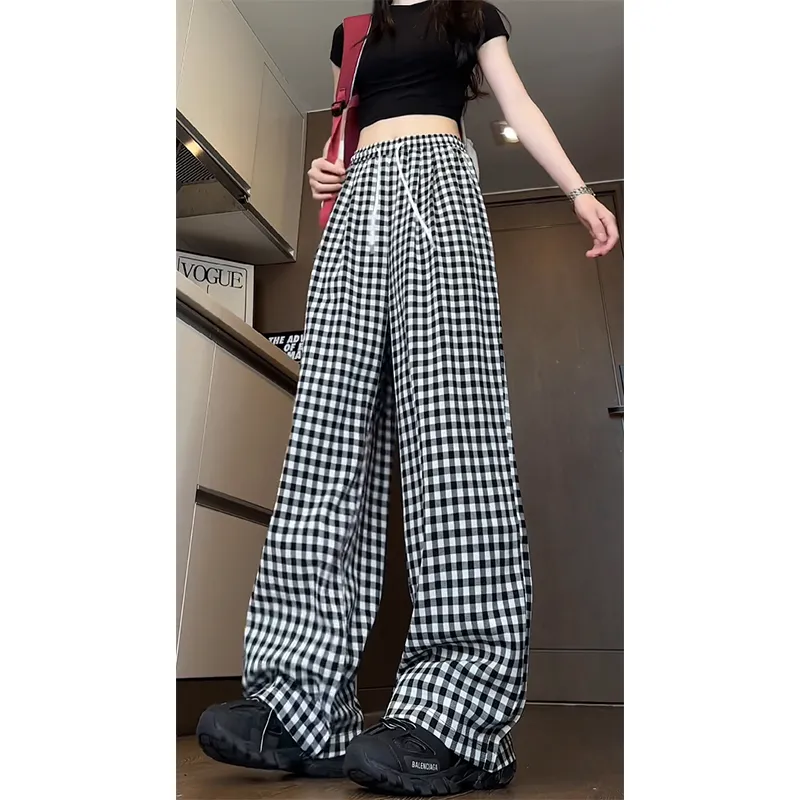 Caramella Casual Pants Unisex Black White Plaid-3