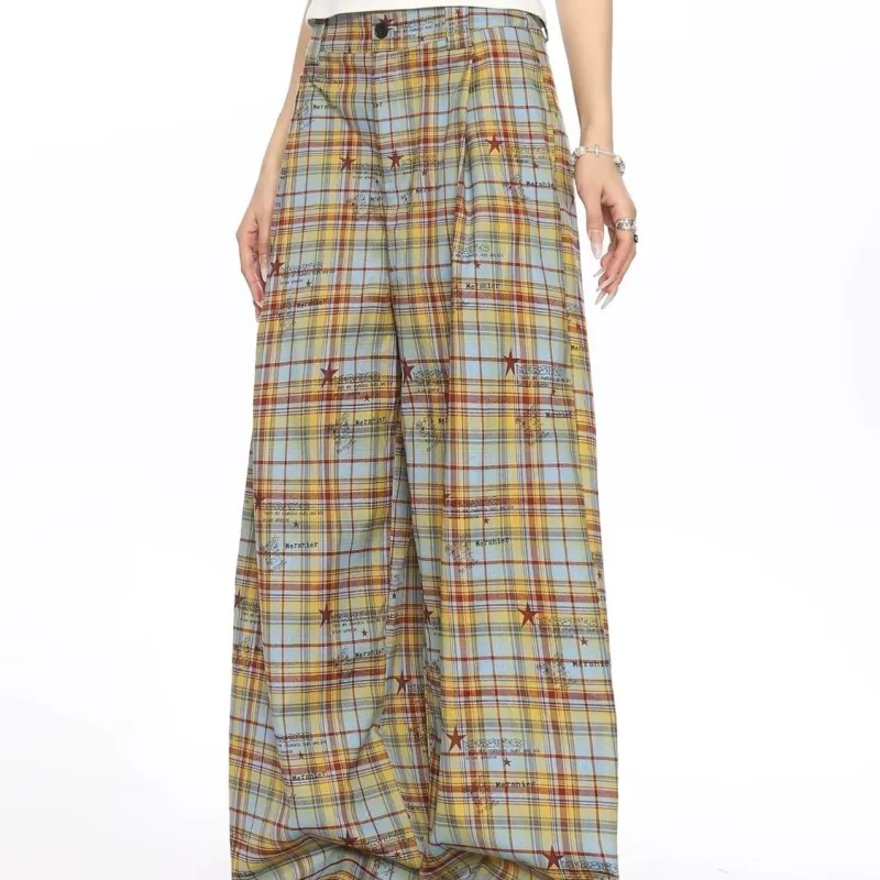 Caramella Casual Pants Women's Yellow Blue Plaid-1