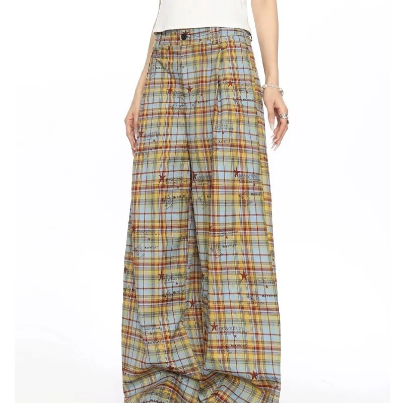 Caramella Casual Pants Women's Yellow Blue Plaid-3