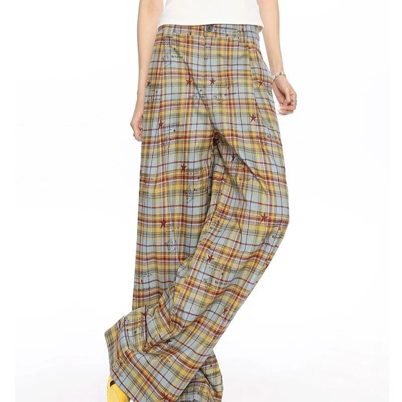 Caramella Casual Pants Women's Yellow Blue Plaid-5