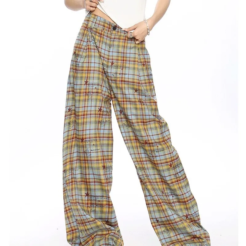 Caramella Casual Pants Women's Yellow Blue Plaid-2