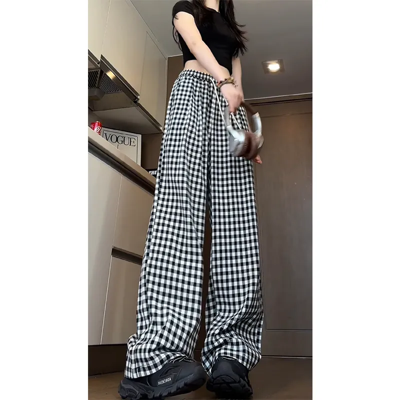 Caramella Casual Pants Unisex Black White Plaid-2