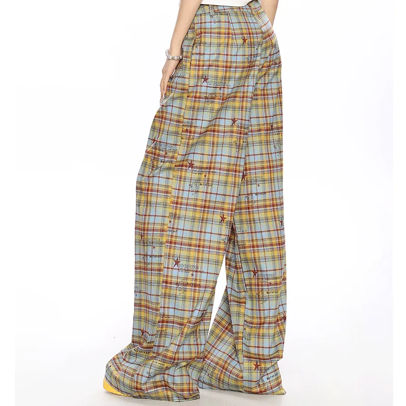 Caramella Casual Pants Women's Yellow Blue Plaid-6