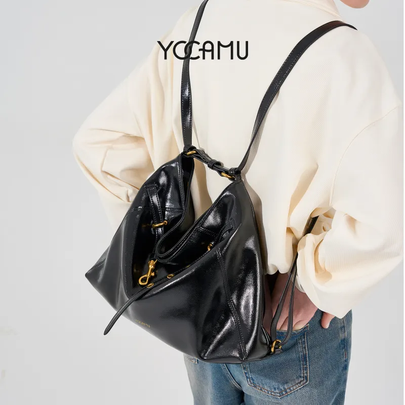 YOCAMU Waxed Cow Leather Tote Bag Shoulder Bag Large Size Women's Multicolor-4