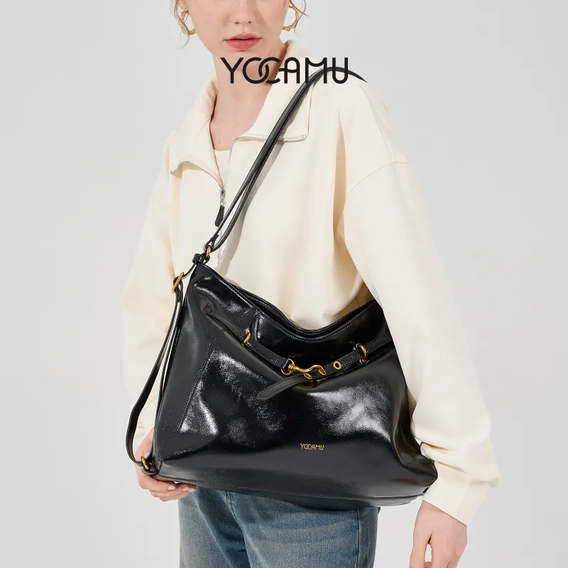 YOCAMU Waxed Cow Leather Tote Bag Shoulder Bag Large Size Women's Multicolor-1