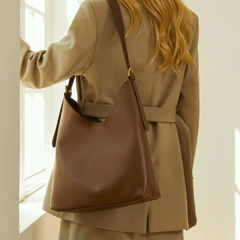YOCAMU Genuine Leather Tote Bag Shopping Bag Commute Bag Shoulder Bag Large Size Women's Brown-4