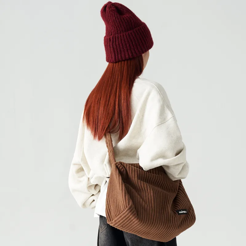 VAOPER Corduroy Toast Bag Shoulder Bag Crossbody Bag Medium Size Unisex Twilight Black Coffee Red-2
