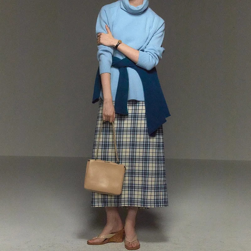 CYCLE DOCUMENT Casual Long Skirts Women's Blue White Plaid-2