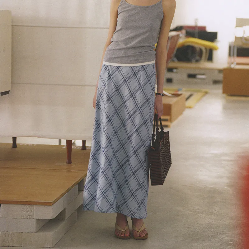 CYCLE DOCUMENT Casual Long Skirts Women's Light Blue Plaid-2