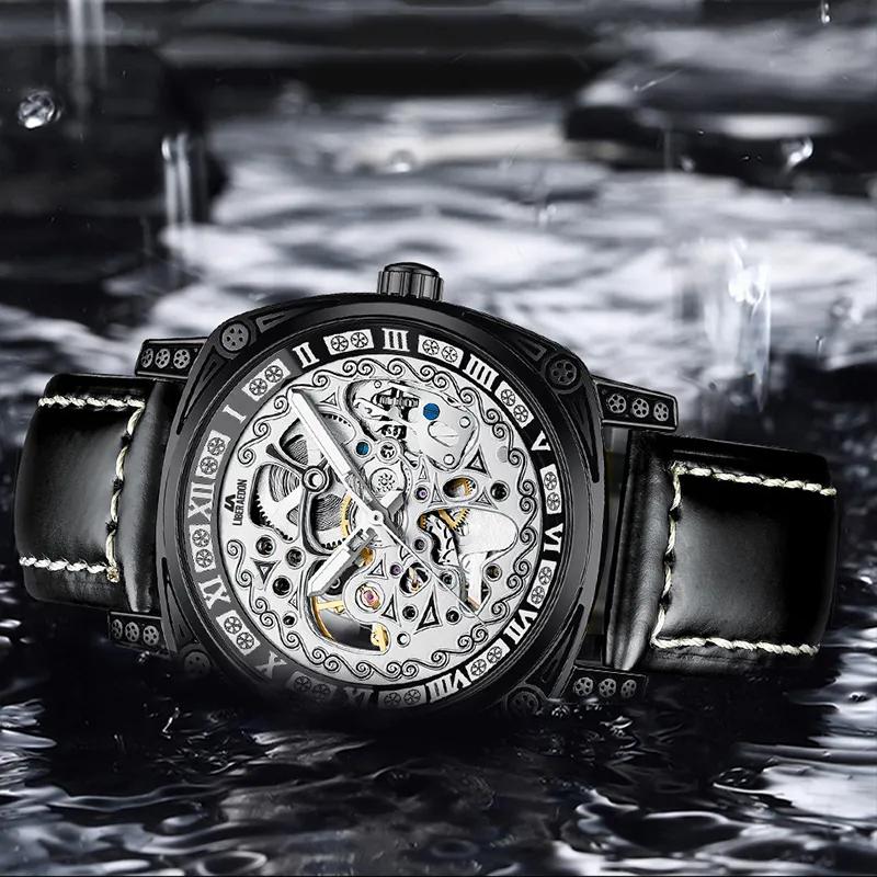 LIBER AEDON Automatic Mechanical Movement Genuine Leather Strap Black Dial Men's Watches-18