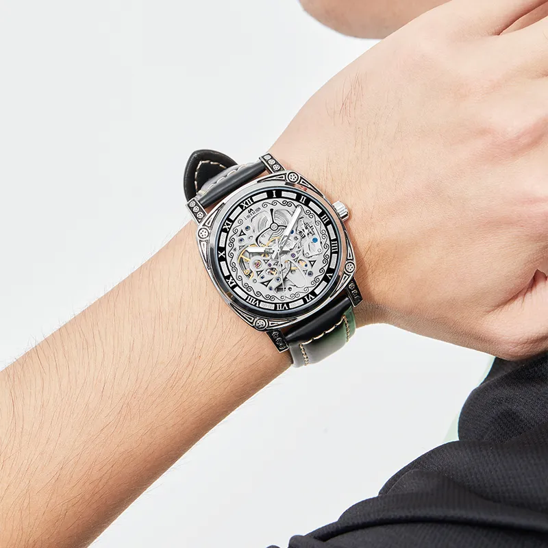 LIBER AEDON Automatic Mechanical Movement Genuine Leather Strap Black Dial Men's Watches-15