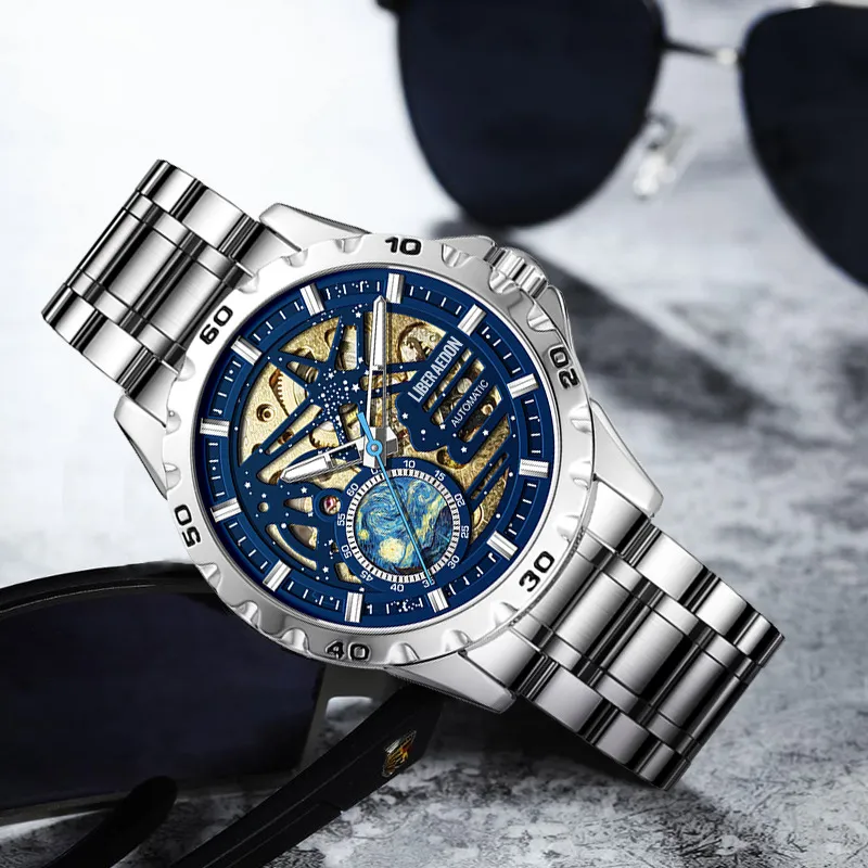 LIBER AEDON Mechanical Movement Cut Out Dial Men's Watches-2