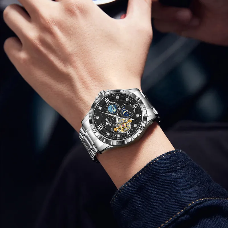 LIBER AEDON Wrist Watch Automatic Mechanical Movement Black Dial Men's Watches-6