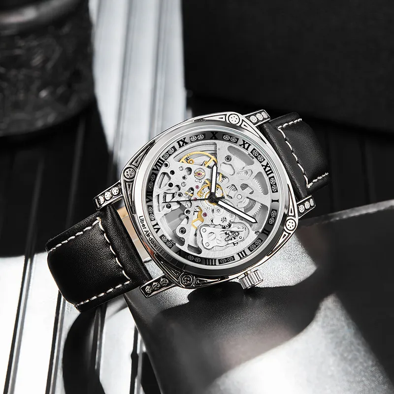 LIBER AEDON Wrist Watch Automatic Mechanical Movement Genuine Leather Strap Cut Out Dial Men's Watches-5