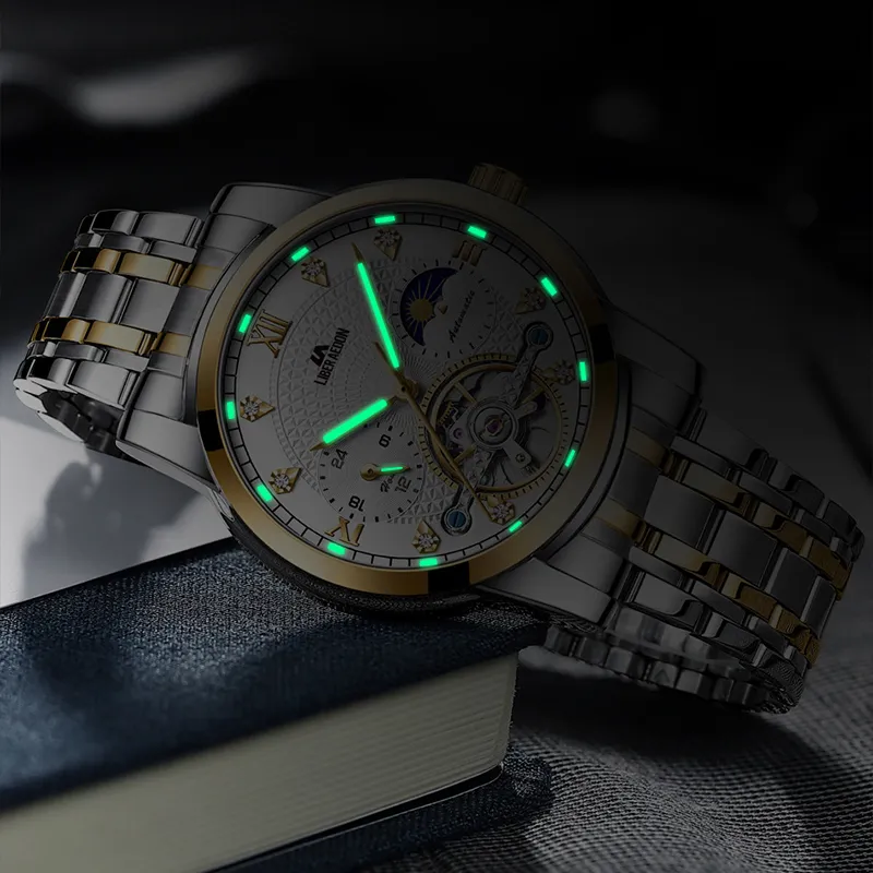 LIBER AEDON Mechanical Movement Stainless Steel Strap Silver Dial Men's Watches-15