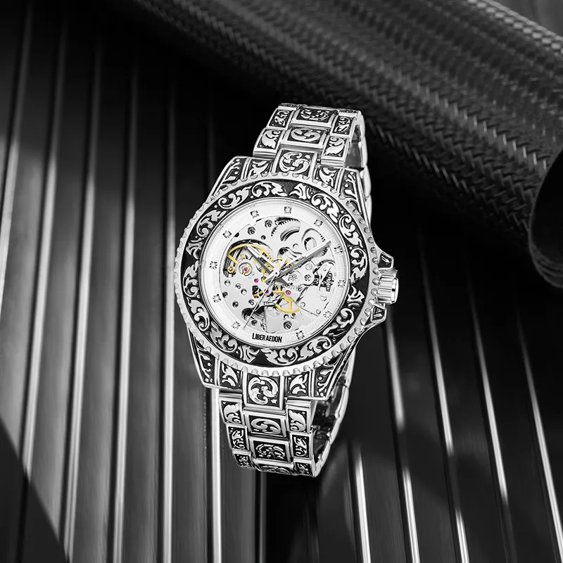 LIBER AEDON Mechanical Movement Cut Out Dial Men's Watches-12