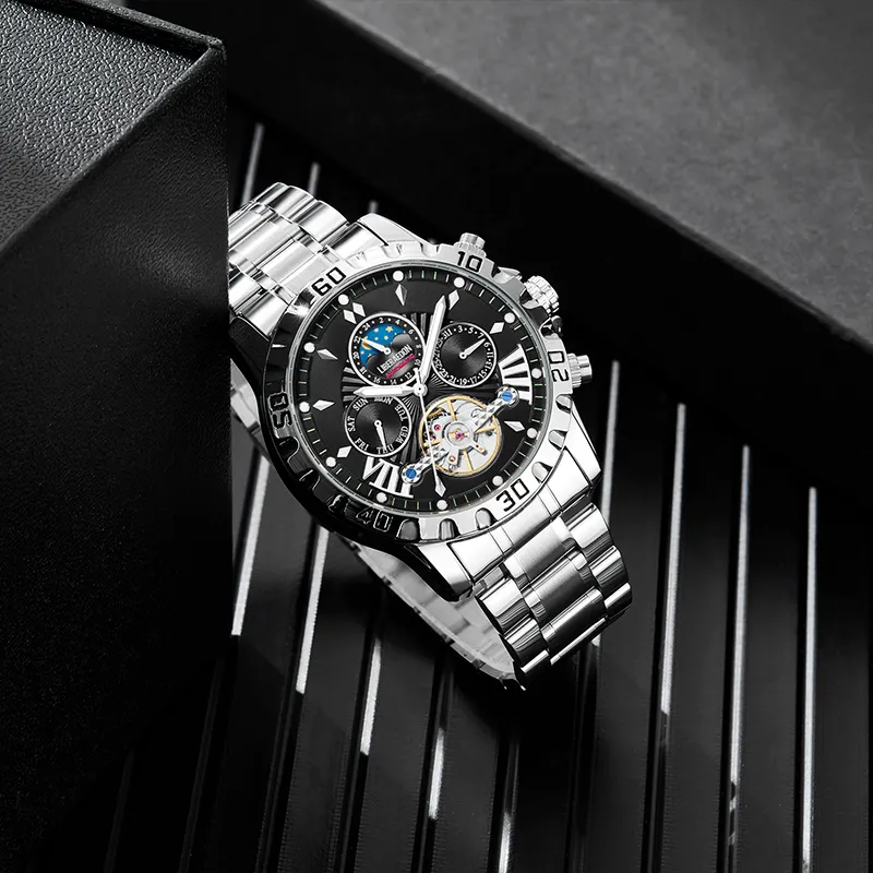 LIBER AEDON Artisan Collection Automatic Mechanical Movement Steel Strap Black Dial Men's Watches-4