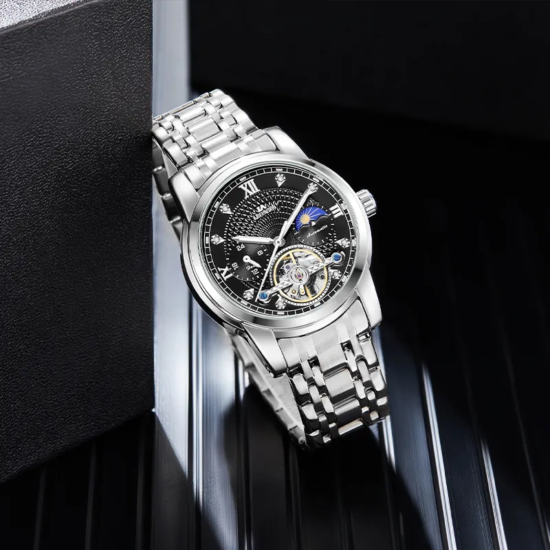 LIBER AEDON Mechanical Movement Stainless Steel Strap Silver Dial Men's Watches-5