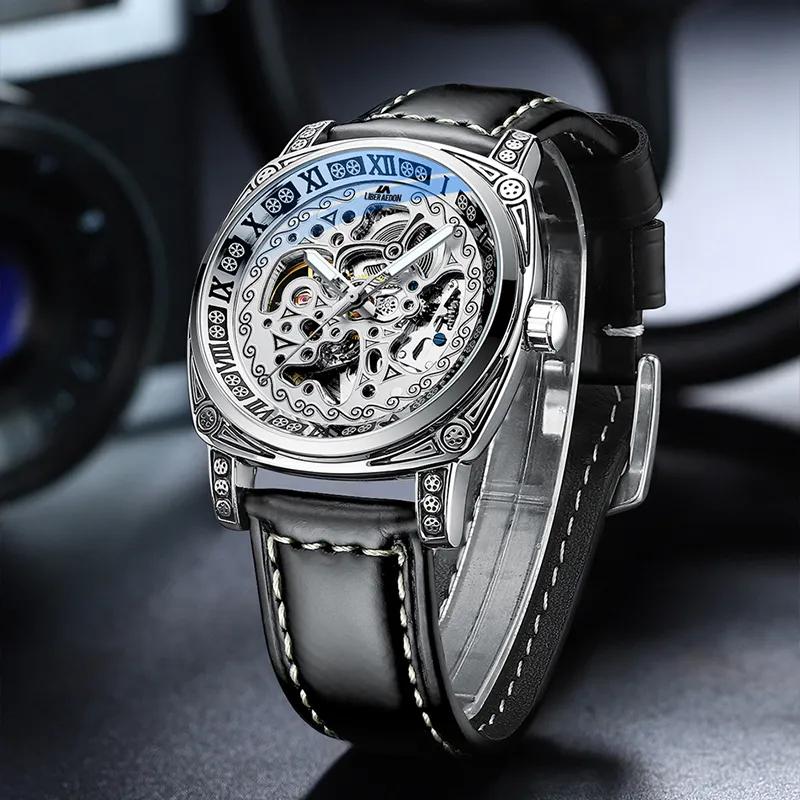 LIBER AEDON Automatic Mechanical Movement Genuine Leather Strap Black Dial Men's Watches-39
