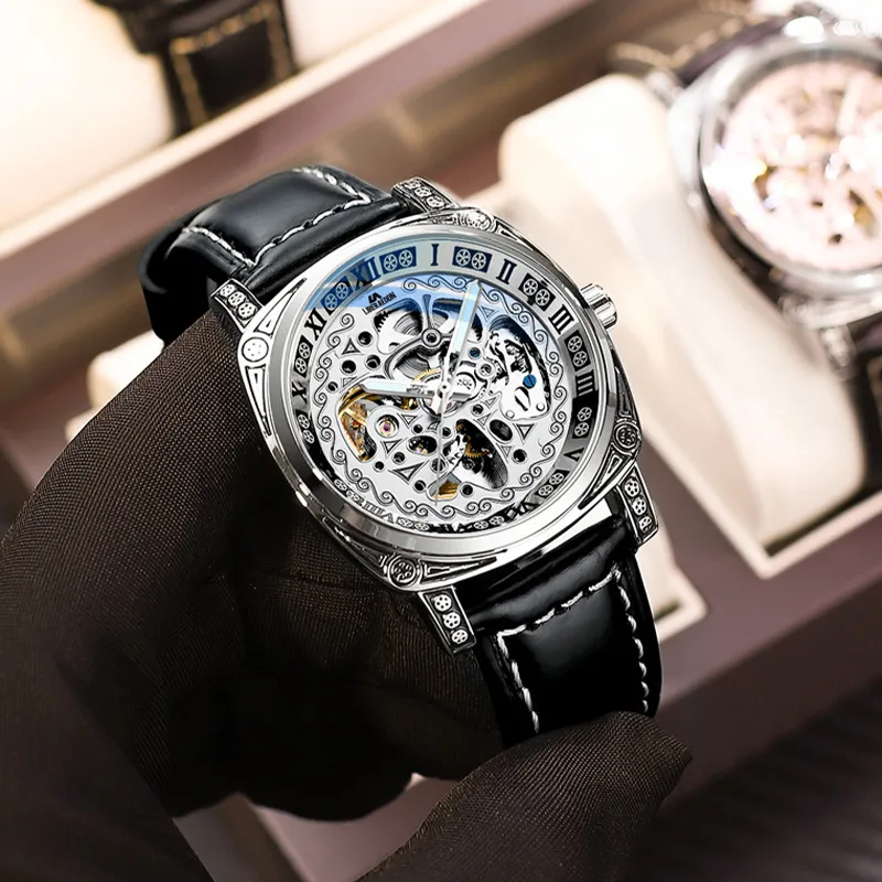 LIBER AEDON Automatic Mechanical Movement Genuine Leather Strap Black Dial Men's Watches-34
