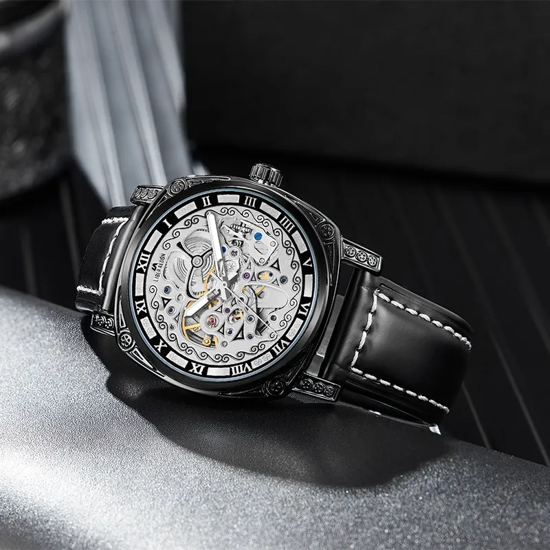 LIBER AEDON Automatic Mechanical Movement Genuine Leather Strap Black Dial Men's Watches-12