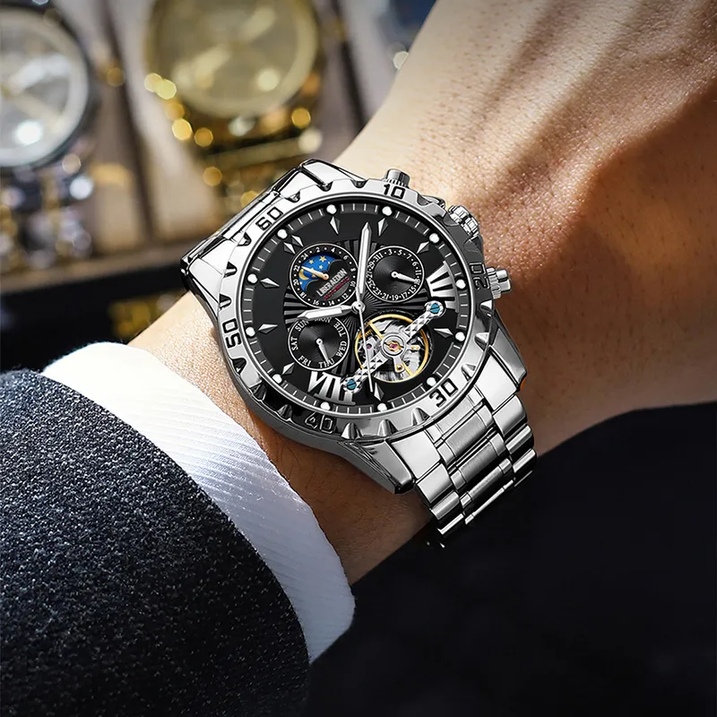 LIBER AEDON Artisan Collection Automatic Mechanical Movement Steel Strap Black Dial Men's Watches-7